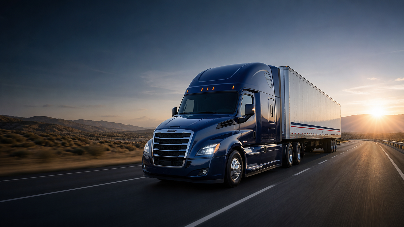 Modern blue semi truck traveling on an American interstate